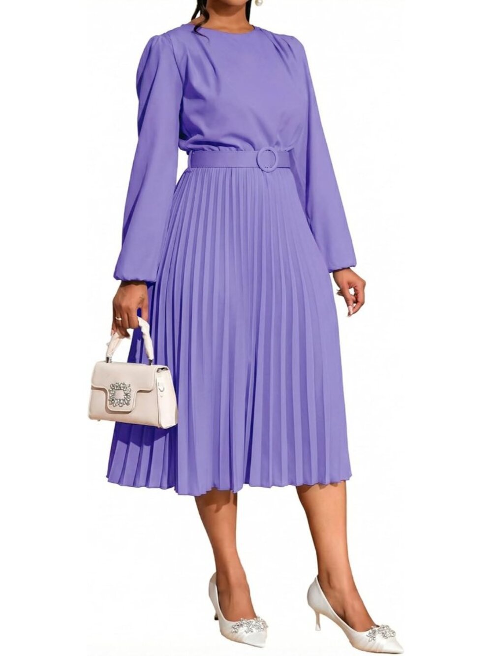 🆕Women's Purple Pleated Midi Dress Long Sleeve Semi Formal Dress Casual - Picture 2 of 6